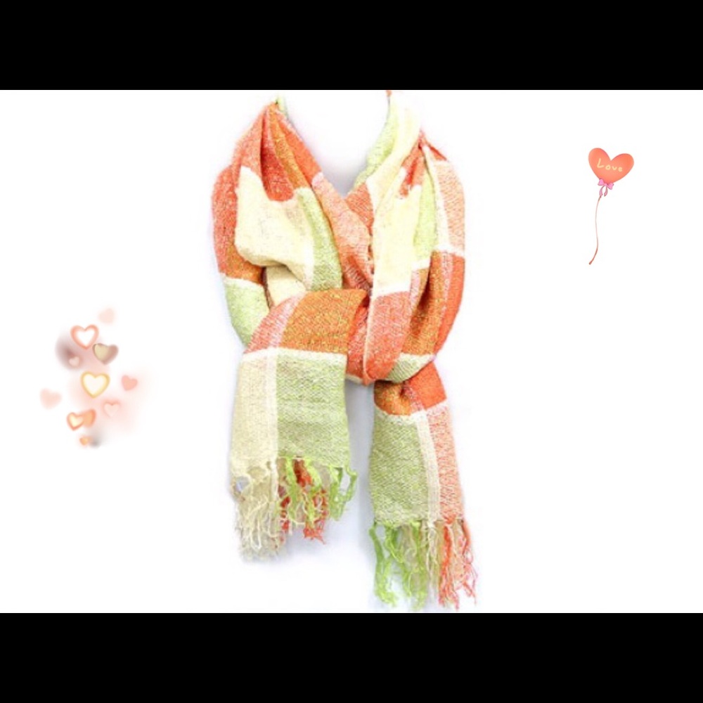 Organic soft lime green, orange and cream scarf.